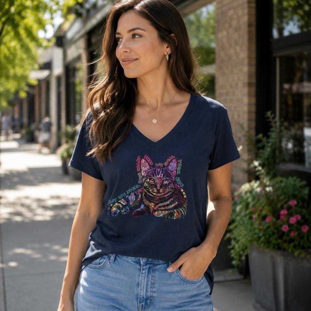 Next Level Apparel Cat Graphic T-Shirt Womens Large Navy Excellent V-Neck Tee - Picture 2 of 8